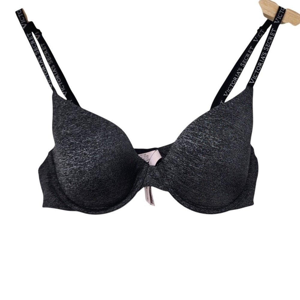 Victoria's Secret‎ T-Shirt Bra Women 36B Gray Logo Strap Lightly Lined Demi